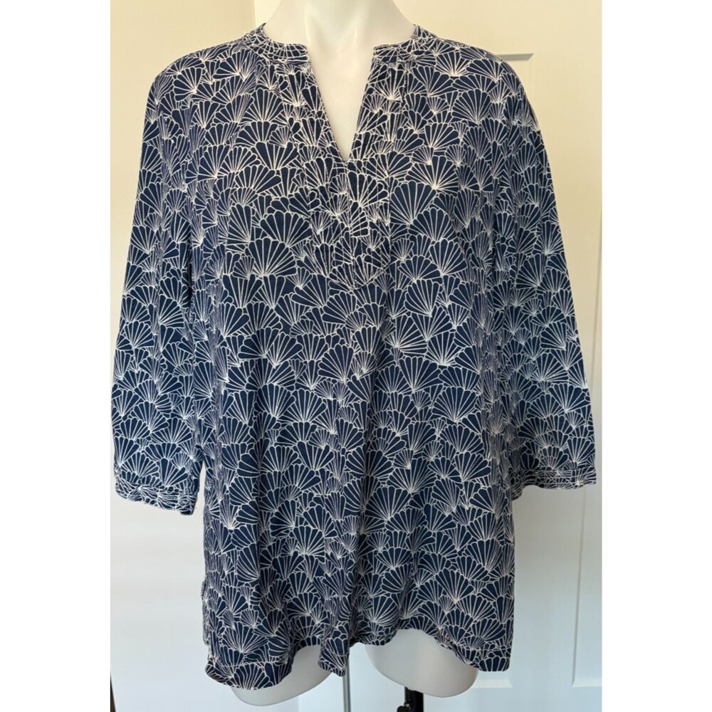 TALBOTS Womens Popover TOP 3/4 Sleeve BLUE White SHELLS Size L